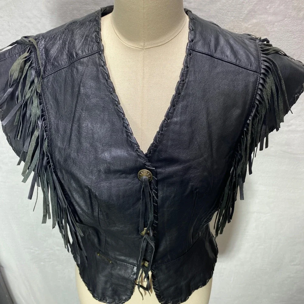 HARLEY DAVIDSON Womens XS Black Leather Vest‎ Fringe Biker Chick Motorcycle